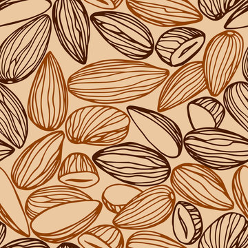 abstract seamless pattern of a set of almond kernels, for menu design or confectionery, textiles, vector illustration with colored contour lines on a creamy background in doodle & hand drawn style