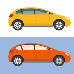 Common hatchback type car used in delivery, rent, taxi or courier service.Flat style design.Yellow and red variations. Urban vehicle vector illustration.