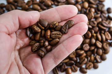 coffee beans on a palm on the background of coffee beans. View from above. Close-up.