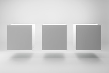 White cubes hanging in the air with white background. White square boxes. 3d illustrations.