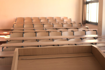 Shot of an empty highschool classroom due to measures taken regarding pandemic