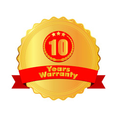 10 years warranty golden label with red ribbon on top. Sign, seal, stamp, label. Vector illustration isolated on white background.