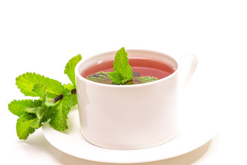 Cup of herbal tea with mint leaves close up on white background