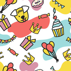 Seamless doodle summer pattern. Vector background with balls, gifts and different elements. Design for prints, shirts and posters.