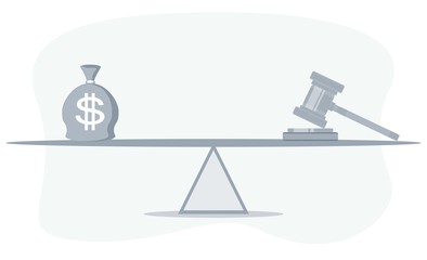 Bag of money with a dollar sign and a judge's hammer on the scales. Concept lobbying for the adoption of a law or a norms, corruption. Payment of fines and penalties. award of compensation for damage