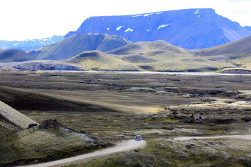 Landmannalaugar / Iceland - August 15, 2017: A car on the road to Landmannalaugar park, Iceland,...