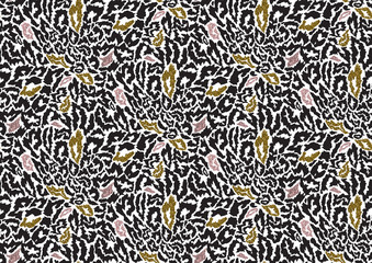 Abstract animal skin leopard seamless pattern design. Jaguar, leopard, cheetah, panther fur. Black and white, golden and pink glitter texture seamless