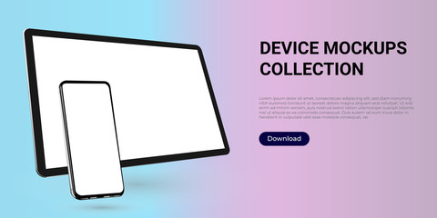 Realistic template mock up of a digital tablet and a smartphone for web design, webpages, banners, landings, presentations.