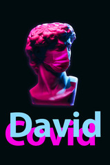 Creative concept of neon. David statue In Medical Mask