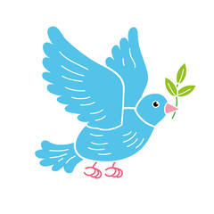 Peace dove with an olive branch flying, cartoon flat icon isolated.