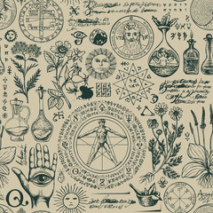 Vector seamless pattern on the theme of alchemy and healing in retro style. A repeatable background with hand-drawn sketches, unreadable notes, various herbs and ancient alchemical symbols - obrazy, fototapety, plakaty