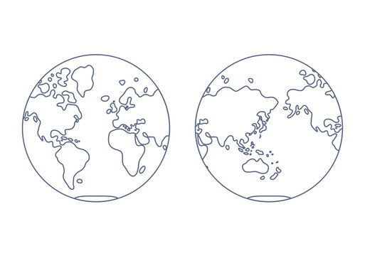 World map vector, western and eastern globe hemisphere line icons.