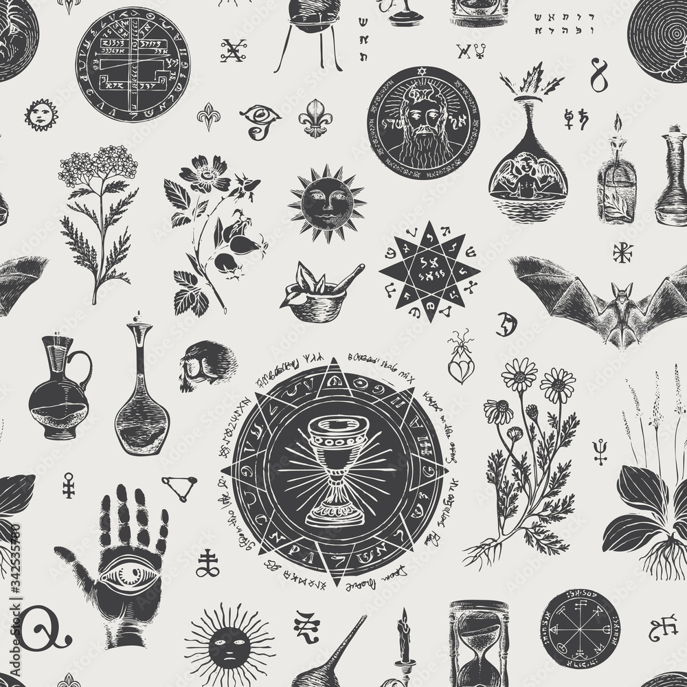 Sticker vector seamless pattern on the theme of alchemy and healing in retro style. abstract, background wit