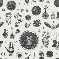 Vector seamless pattern on the theme of alchemy and healing in retro style. Abstract, background with hand-drawn sketches, various herbs and old alchemical and medical symbols, blots. - obrazy, fototapety, plakaty