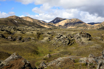 Landmannalaugar / Iceland - August 15, 2017: Colorful mountains at Landmannalaugar park, Iceland, Europe