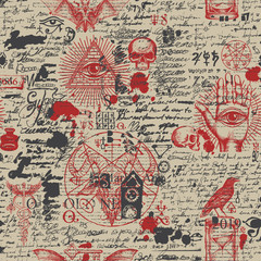 Vector seamless pattern on a theme of freemasonry and occultism in retro style. Abstract background with red hand-drawn sketches, blood drops and scribbles imitating text on the old newspaper backdrop