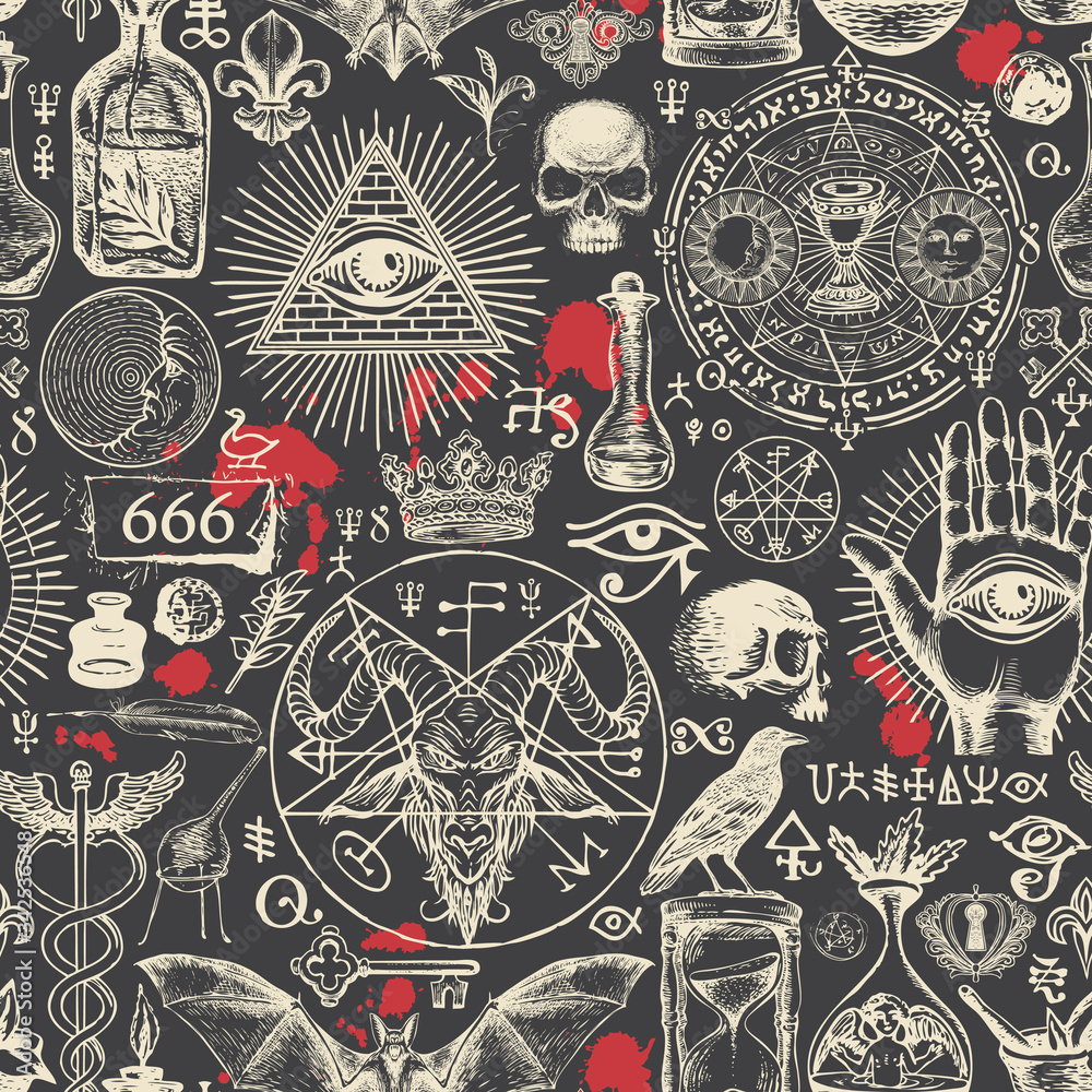 Wall mural Vector seamless pattern on a theme of satanism, occultism and freemasonry in retro style. Abstract repeating illustration with hand-drawn sketches and blood drops on the black background