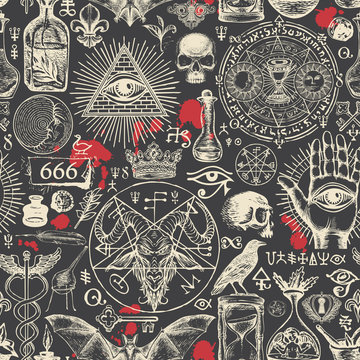 Vector seamless pattern on a theme of satanism, occultism and freemasonry in retro style. Abstract repeating illustration with hand-drawn sketches and blood drops on the black background