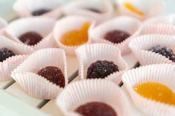 handmade fruit marmalade in white packaging closeup