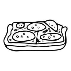 Doodle sandwich with salami, cheese and tomato. Home cooking quick appetizers. Vector linear image about cooking and cooking.