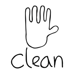 Stylized icon with a hand in the doodle style on a white background. Vector glove and the word 