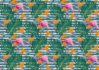 Fototapeta na wymiar Seamless pattern with tropic flowers, palm leaves, jungle leaves, bird of paradise flower. Bohemian exotic print