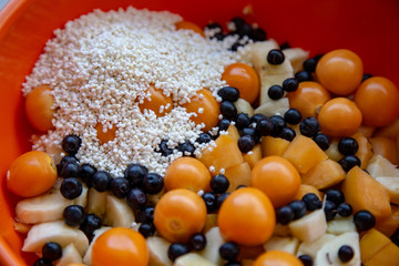Plate of chopped fruits for breakfast