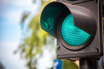 Close up view of green color on the traffic light