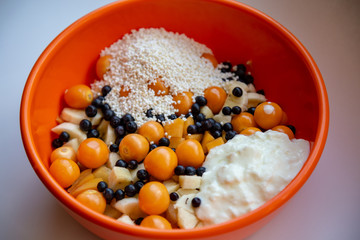 Plate of chopped fruits for breakfast