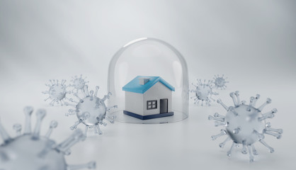 3D Illustration of a House protected under a Glass Dome surrounded by Viruses, Pandemic Covid19 Coronavirus Home Safety Concept, Light Grey Background