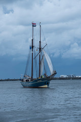 Fototapeta na wymiar Boltenhagen, Germany - April 20th, 2020: Sail boat in Boltenhagen at the Baltic Sea
