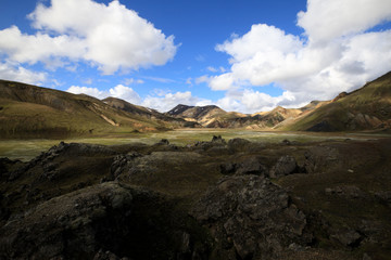 Landmannalaugar / Iceland - August 15, 2017: Colorful mountains at Landmannalaugar park, Iceland, Europe