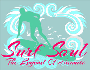Print and embroidery graphic design vector art on the theme of surfer