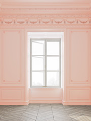 Bright, empty and light coral colored room with big windows. 3d rendering.