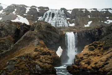 Obraz premium Beautiful waterfall in west fjords of Iceland in spring