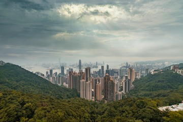 Victoria Peak in Hong Kong at sunset with very dramatic scene