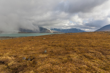 Sarek National Park in Lapland view from the mountain, autumn, Sweden, selective focus