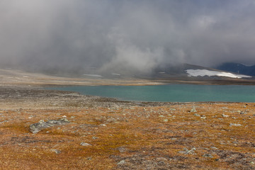 Sarek National Park in Lapland view from the mountain, autumn, Sweden, selective focus