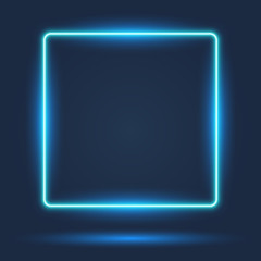 Blue neon square on dark background, vector illustration.