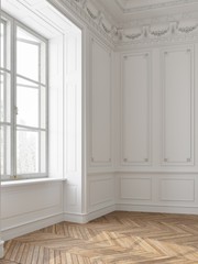 Bright, empty white room and light, big windows. 3d rendering.
