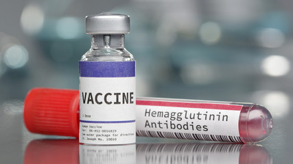 Vaccine and hemagglutinin antibodies vial in medical lab