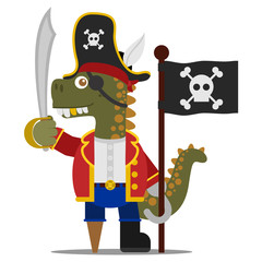 Reckless dinosaur pirate with a saber and a claw holding a black pirate flag. Cartoon style. Vector illustration. Flat design style.