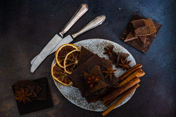 Chocolate bars, cinnamon and anise star spices