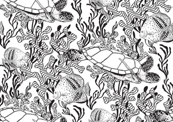 Underwater sealife seamless pattern with seaweed plants, fishes, turtles, corals drawing.