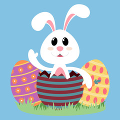 White Bunny with colorful Eggs. Happy Easter. Vector illustration	