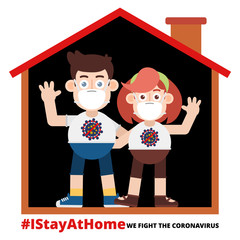 Cartoon Couple Stay Home. Coronavirus COVID-19 Prevention. Vector illustration