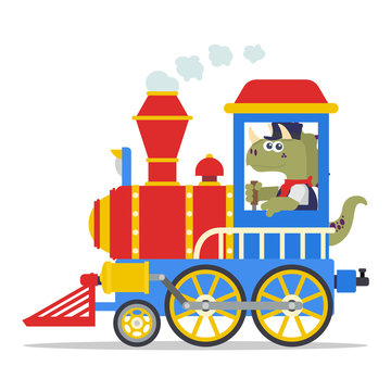 Sweet machinist dinosaur driving a colorful vintage locomotive. Cartoon style. Vector illustration. Flat design style.