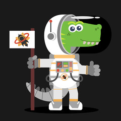 Fearsome dinosaur astronaut in space. Cartoon style. Vector illustration. Flat design style.