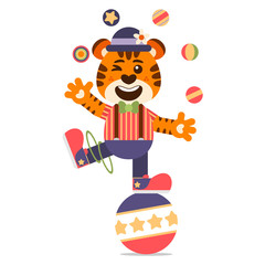 Funny tiger juggler on top of a big ball. Cartoon style. Vector illustration. Flat design style.
