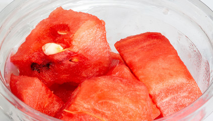 Pieces of fresh watermelon packaged for sale